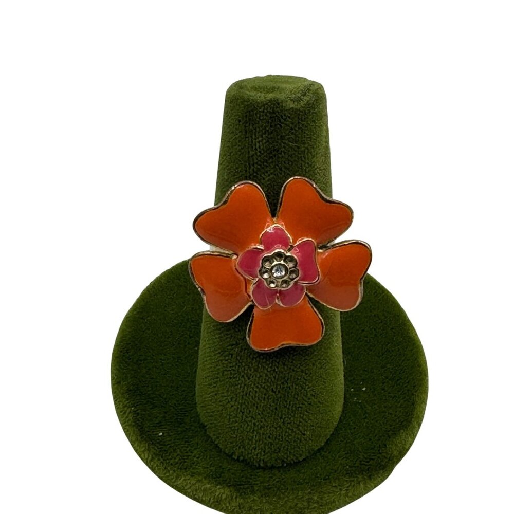 Vintage Orange & Pink Flower Adjustable Ring With Gold-Tone Metal & Rhinestone